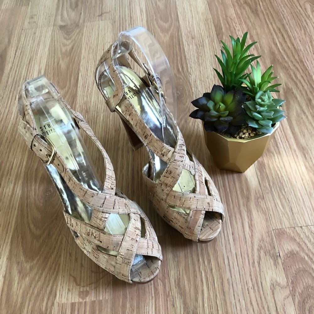 Stuart Weitzman Cork Open Toe Buckle Stacked Heels